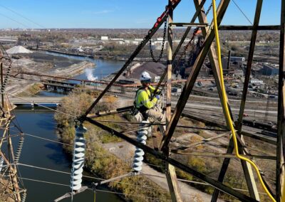 IBEW Local 71 Lineman on Transmission Tower Above River
