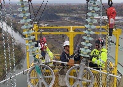 IBEW Local 71 Linemen In Suspended Work Platform On Transmission Tower